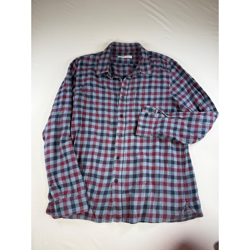 Outerknown Blanket Shirt Mens Large Burgundy Grey Plaid Organic Cotton Flannel